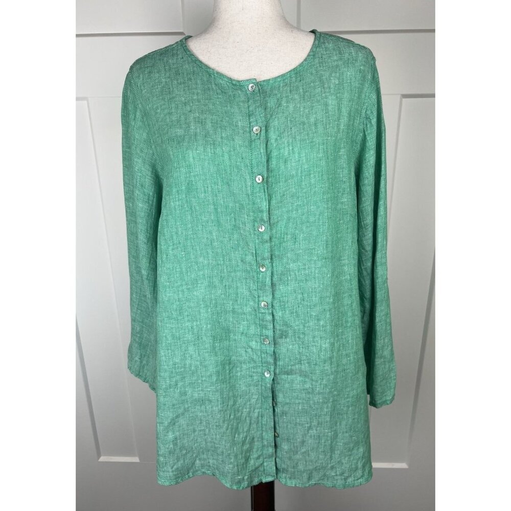 Tahari 100% Linen Tunic Top 1X Green Button Front Roll Tab Sleeve EUC - Picture 1 of 9